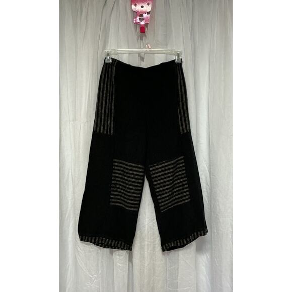KHANGURA LINEN RAYON WIDE LEG CROP PANTS WOMENS S BLACK LAGENLOOK BOHO MADE USA - Picture 1 of 7